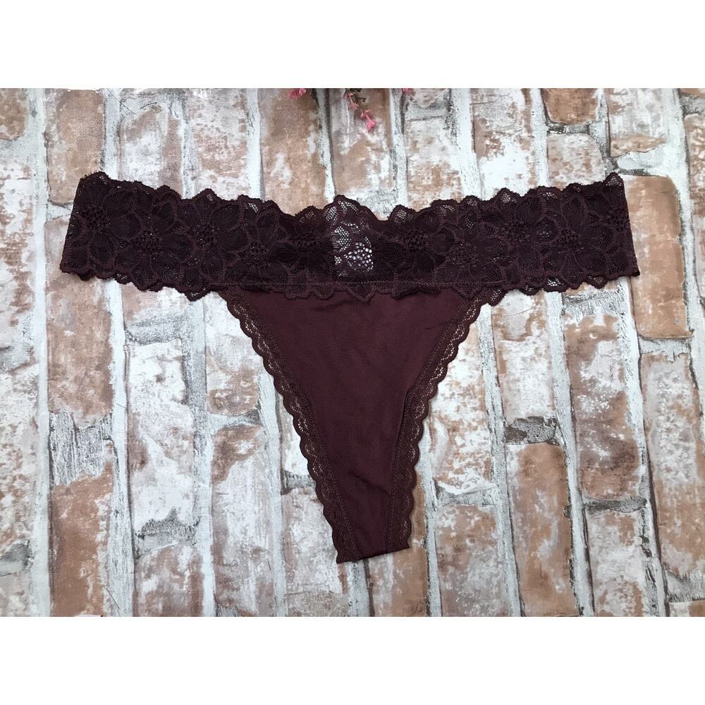 Aerie Tanga Signature Lace Thong Low Rise Panty Sz Med Burgundy